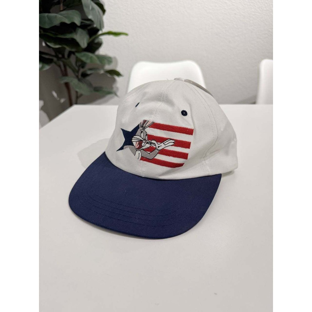 Vintage 1995 Looney Tunes Bugs Bunny American Flag Hat White Navy NWT 90s Cap